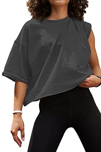 Image of HUGOOME Womens Oversized Workout Crop Top Casual Short Sleeve Boxy Roll Hem