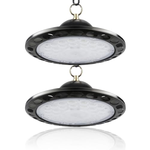 Fynokst UFO LED Lámpara de Alta Bahía 100W, 12800LM Focos Led Interior Techo, 6000K Lámpara Alta Bahía, Iluminación Impermeable IP66 Campana LED Industrial para Fábrica, Garaje, Taller 2PCS