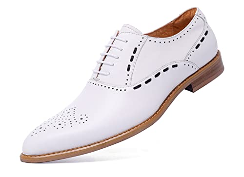 Santimon Mens White Oxfords Formal Dress Shoes - Genuine Leather Classic Round Toe Wingtip Brogue Lace Up Derby Shoes for Wedding Business2