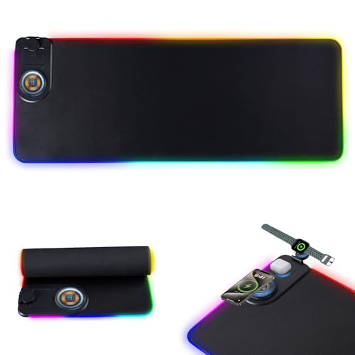 Anluomania 3 in 1 Gaming Mauspad, Mousepad, Wasserdicht Mauspad, RGB Mousepad, mit 15W Kabelloses Laden für Uhren, Kopfhörer, Mobiltelefone, 15 LED Farben, mit Rutschfester Gummibasis, Wasserdicht