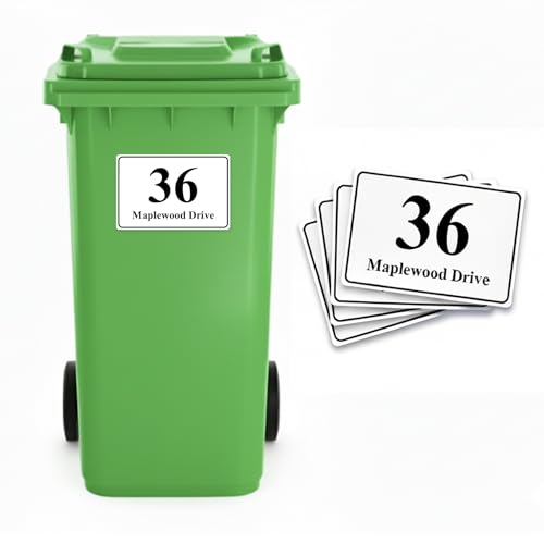 4 x Personalised Wheelie Bin Stickers Custom Bin Number Stickers with House Number & Street Name Waterproof PET Bin Labels UV Resistant Easy Peel and Stick 100 x 150mm (Style - Classic)