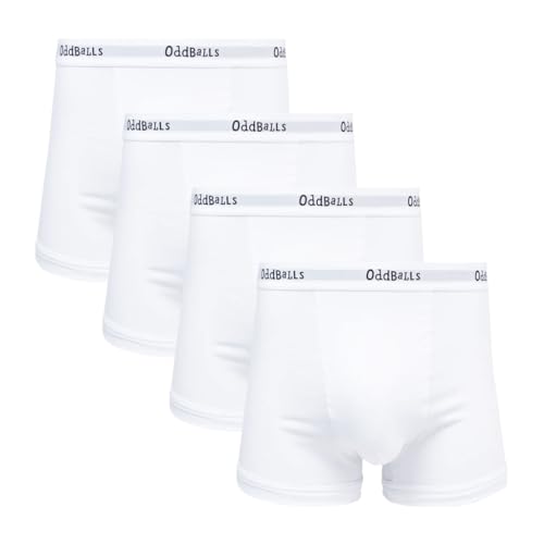 OddBalls | Mens Boxers Multipack | 4 Pack | Classic Fit | Mens Underwear | Hipster Boxer Shorts | Cotton Boxers | Elastic Waistband (UK, Alpha, XXL, Regular, Regular, Classic White)