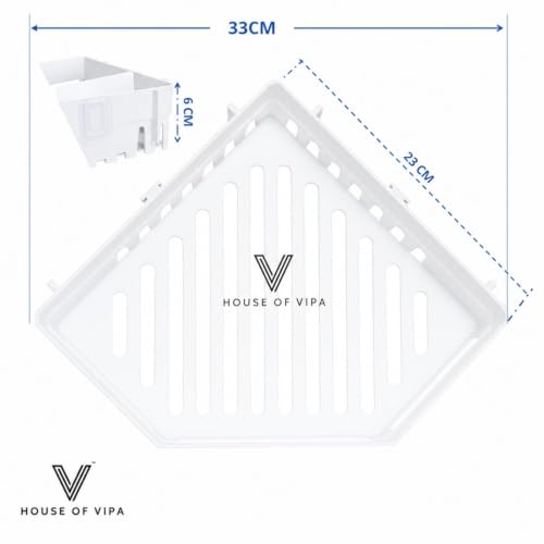 Image of HOUSE OF VIPA No Drill Bathroom Corner Shelf Organizer | Wall Mounted Plastic Corner Rack for Bathroom & Kitchen | 2-Tier Shelves with 4 Hooks | Rustproof, Heavy Duty Storage | (Set of 2) White