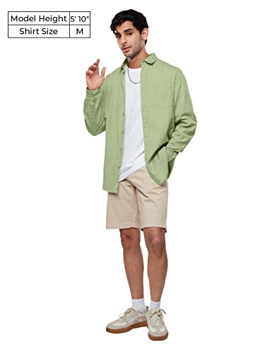 Image of The Souled Store Solids: Pastel Lime Men and Boys Regular fit Solid Full Sleeve Cottonblend Green Color Cotton Linen Shirts (221453 L Green) Shirt For Men Casual Half Sleeves Regular Fit Printed Styli