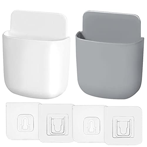 2 PCS Remote Holder Wall Mount, Adhesive Wall Mount Remote Control Holder Wall Mount Pen Holder with 2 Set Adhesive Hook for Home Office School Supply Storage (White,Grey)