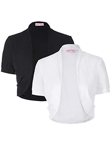 Belle Poque Women's Plus Size Shrug Cardigan Cotton Open Front Cropped Bolero Jacket (Black&White,XXL)