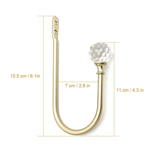 Curtain Drapery Holdbacks, 2 Pack U Shaped Decorative Wall Curtain Rod Hooks With Clear Crystal Ball, Window Treatment Tiebacks (Gold) #TOP1