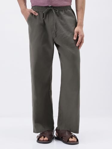 Image of Urbano Fashion Men's Loose Fit Solid Linen Blend Trousers Non-Stretchable