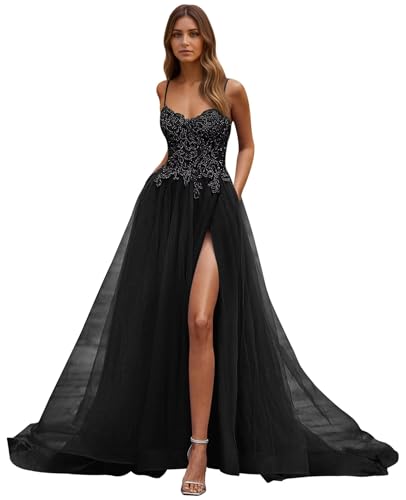 Dream Wedding Women's Elegant Evening Party Gowns with V-Neck and Spaghetti Straps - Perfect for Prom Dresses and Formal Occasions with Train Black 16 DR0961