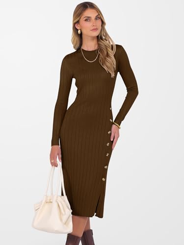 ANRABESS Womens 2025 Fall Long Sleeve Midi Dress Ribbed Knit Bodycon Fitted Button Down Wedding Guest Slit Sweater Dresses