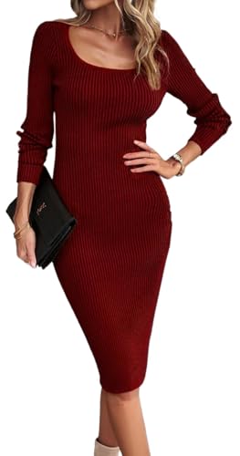 Women's Long Sleeve Bodycon Dress Slit Side Ribbed Sweater 2025 Fall Slim Fit Midi Dresses Formal Evening Party3