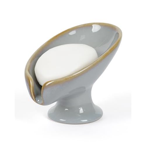 Soap Dish, Self Draining Bar Soap Holder for Bathroom Sink, Leaf Shaped Drainage Ceramic Porcelain Decorative Soap Dish, No Suction Cup, Kiln Stone Gray, ANTIS'S HOME 1pcs-stone Gray