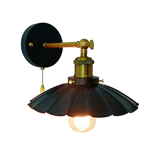 Image of Industrial Black Wall Sconce Light, Vintage 1-Light Switch Farmhouse Wall Lamp, Pull Chain Wall Sconce Lighting for Bedroom Bathroom Kitchen Hallway Living Room (Black + Gold)