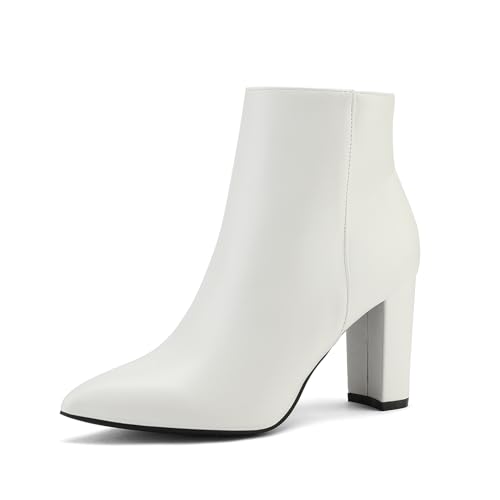 DREAM PAIRS Women's Chunky Heel Ankle Booties Pointed Toe Short Boots 5.5 White/Pu