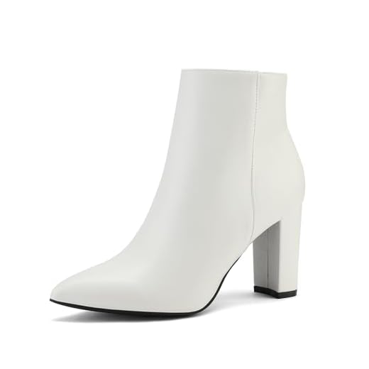 DREAM PAIRS Women's White Pu Chunky Heel Ankle Booties Pointed Toe Short Boots Size 6 B(M) US Sianna-1 Stunner