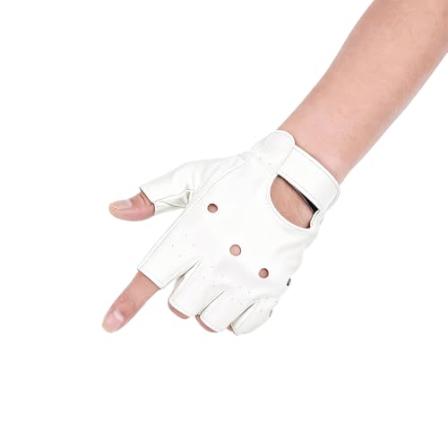 JISEN Men PU leather Punk Half Finger Hollow Out Gloves White