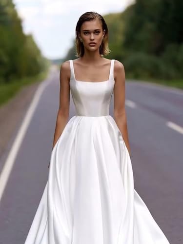 Women's Square Collar Satin Wedding Dress for Bride A Line Floor Lenght Simple Formal Bridal Dress3