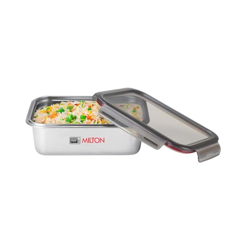 Image of MILTON New Modulo Steel Rectangular 650 Container with lock lid|Airtight & Leakproof|Microwave & Oven safe| Light Weight | School, Office or Picnic use, 600 ml, Silver
