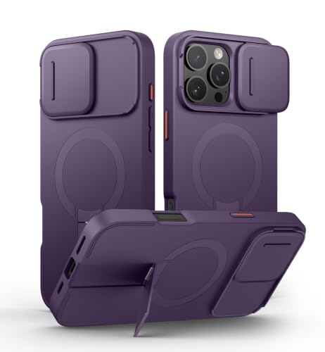 SURITCH for iPhone 16 Pro Max Case with Magnetic Camera Slide Cover and Adjustable Kickstand, Compatible with MagSafe, Shockproof Bumper Case Slim Protective Cover 6.9 Inch, Dark Purple