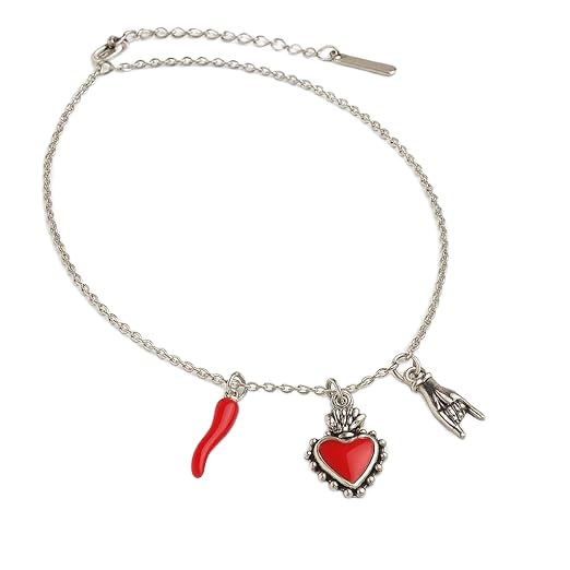OUTLETISSIMO® Collana Portafortuna con Ciondoli Cornetto, Cuore e Mano Corna, 35-39 cm Stile Vintage ET246