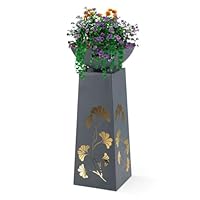 Hoberg LED Pflanzsäule Ginkgoblätter-Design in Beton-Optik | Abnehmbare Pflanzschale (Ø 34cm) In- und Outdoor geeignet | Integrierte Beleuchtung, 6h Timer, kabellos [23 x 23 x 70 cm]