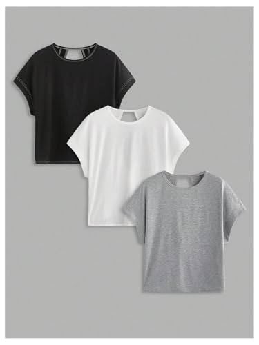 Image of RoseSeek Women's 3 Packs Open Back Tops T Shirt Criss Cross Cut Out Tee Short Sleeve Crewneck Summer Backless Tops
