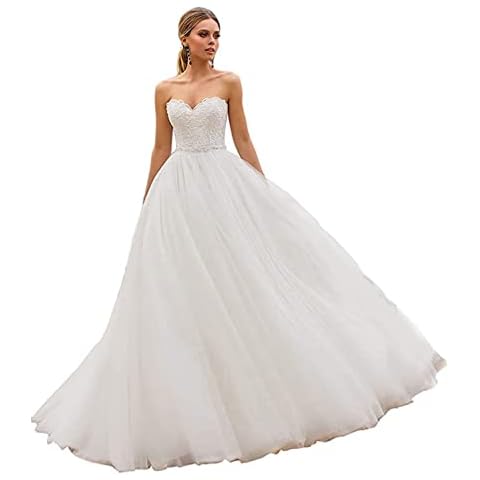 Babygirls Ball Gown Wedding Dress Lace for Bride Women 2020 Sweetheart Tulle Train Belt with Pearls Bridal Gown, Ivory 1, 6 Cover