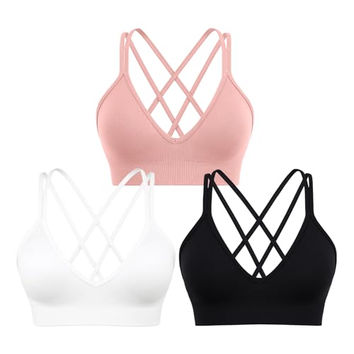 Image of V Neck Sports Bras for Women Cross Back Workout Bra for Small Bust | 3 Pack, Criss Cross, Strappy, Low Support, Removable Pads, Spaghetti Strap, Soft, A-C Cups, for Yoga Gym Athletic Fitness