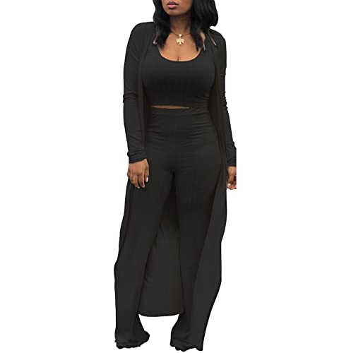 Hanmax Women's Tracksuit Winter Autumn Knitted Long-Sleeved Blazer Coat Tank Long Pants Three Piece Sets Outfit #TOP1