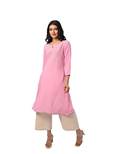 Image of rangita Rayon Calf Length Embroidered A-line Kurti for Women | Kurta for Women