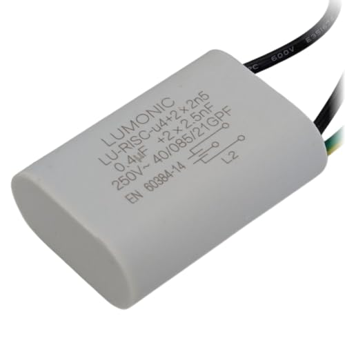 Lumonic I Entstörkondensator 0,4µF 2x2,5nF 250VAC I 42x30x14mm I -40...+85° I 3 Anschlusskabel I Radial I 0,4uF I EMV-Kondensator I für Haushaltsgerät Lumonic I Entstörkondensator 0,4µF 2x2,5nF 250VAC I 42x30x14mm I -40...+85° I 3 Anschlusskabel I Radial I 0,4uF I EMV-Kondensator I für Haushaltsgerät