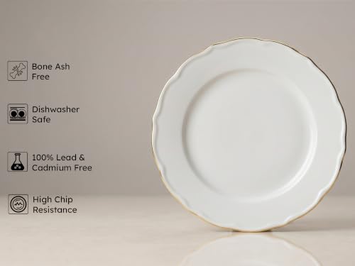 Image of Bodhi House 4-Piece Gold Rim Porcelain Quarter Plates Set | Snack & Dessert Plates | Lightweight, Chip Resistant, | Dishwasher Safe | Elegant Tableware for Dining & Gifting | White