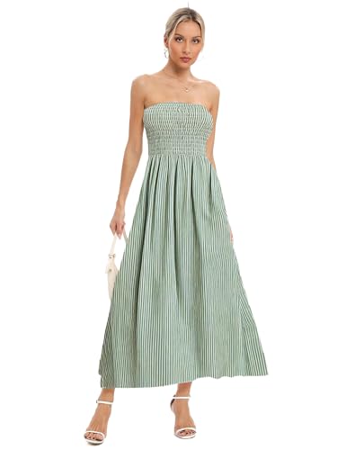 Image of Aigeman Women Strapless Tube Maxi Dress Flowy Swing Long Beach Sundress Sleeveless Boho Summer Dress with Pokets 330