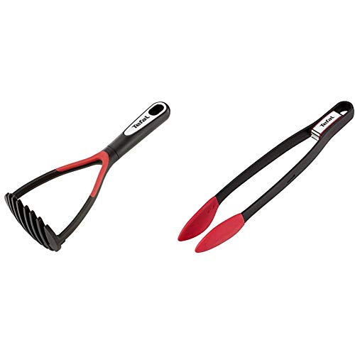 Tefal K2071214 Ingenio Presse-Purée / Ecrase Purée ustensile de cuisine noir résistant & K2060714 Ingenio Pince à Aliments en silicone avec fermoir résistant jusqu'à 250°C ustensile noir et rouge