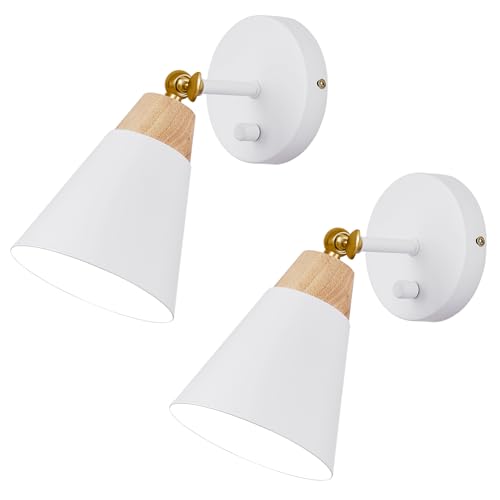 Image of Wall Sconce Set of 2, Wall Sconce Lighting Fixture with Metal Shade, Rotary Switch, Indoor Decor Wall Mount Swing Arm Lamp for Bedroom,Hallway,Living Room,Reading, White