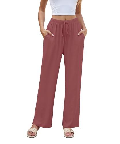 KUOTAI Women Casual Elastic High Waist Wide Leg Pants Flowy Beach Palazzo Trousers with Pockets