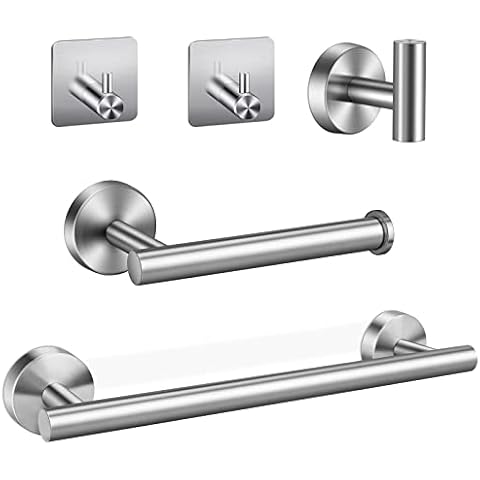 hicoosee SUS 304 Stainless Steel Towel Rail & Toilet Paper Holder & 3 PCS Clothes Hooks, Required Wall Mounted Hardware for Bathroom Kitchen, Silver, 5 Pieces Cover