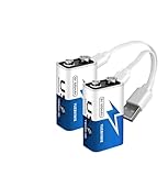 Rechargeable 9V Lithium Battery - 650mAh USB-C 9 Volt Batteries (2 Pack), Long Lasting, Quick Charge in 2H with 2-in-1 Cable, for Smoke Alarms, Microphones, Toys, Multimeters
