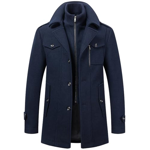 SaiDeng Abrigo largo de lana para hombre – Abrigo de invierno con solapa, cálido abrigo de mezcla de cachemira, abrigo para negocios y ocio, elegante chaqueta de entretiempo/pavo real, azul marino, XL