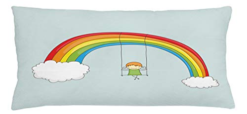 Lunarable Rainbow Throw Pillow Cushion Cover, Cartoon Girl Swinging on a Rainbow Supoorted by 2 Clouds Fun Print, Decorative Rectangle Accent Pillow Case, 36