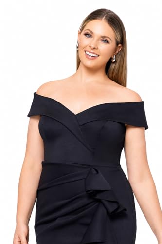 Image of Xscape Women's Bodycon Midi Off-The-Shoulder Ruffle Dress with Center Back Zipper, Petite & Plus Size