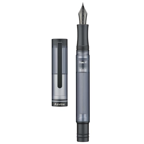 Image of Asvine V200 Titanium Fountain Pen Vacuum Fill Matte Black Medium Nib Transparent Demonstrator Acrylic with Pencil Case and Wrench
