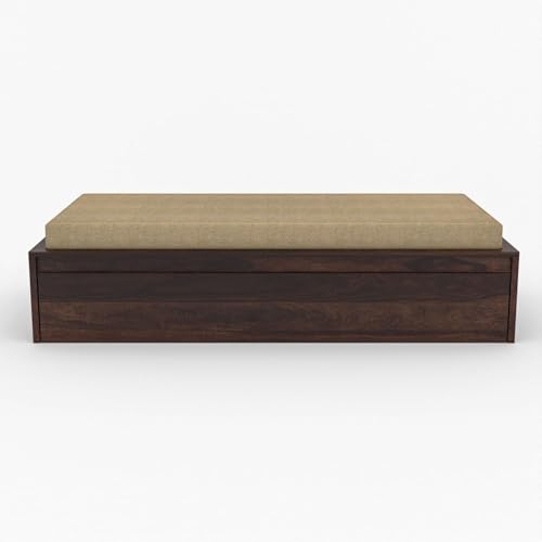 Image of Wooden Single Size Bed for Living Room, Drawing Room & Bedroom | Space Saving Wooden Cot /Palang /Diwan with Trundle Drawer Storage | Solid Sheesham Wood, Walnut Finish