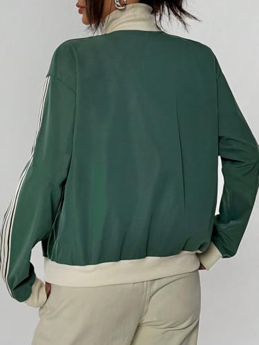 Verdusa Women's Striped Color Block Bomber Jacket Zip Up Long Sleeve High Neck Jacket Outwear2