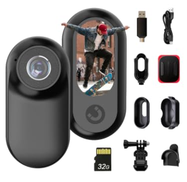 Mini Action Cam Bodycam mit 32GB Speicherkarte Körperkamera für freihändige Aufnahme Helmkamera für Fahrrad & Motorrad tragbare Mini Kamera für Outdoor Wandern Skifahren und Alltagsaufnahmen
