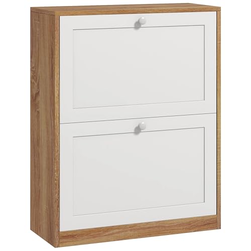 HOMCOM Meuble à Chaussures 12 Paires Moderne avec étagères réglables et 2 tiroirs rabattables, Armoire à Chaussures étroite pour entrée et Couloir, 60 x 24,5 x 75,5 cm Blanc et chêne