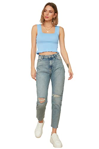 TRENDYOL Damen Blue Torn Detailed High Waist Mother Jeans, Blau, 40 EU