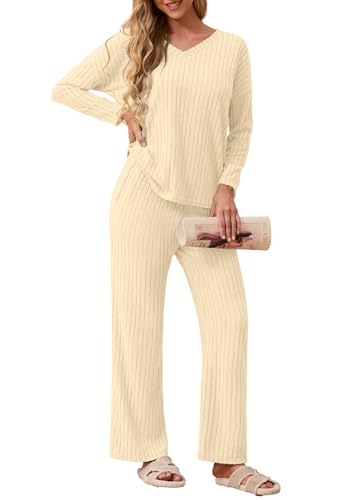 Pyjama 2 pièces femme en maille côtelée extensible ensemble homewear beige taille S