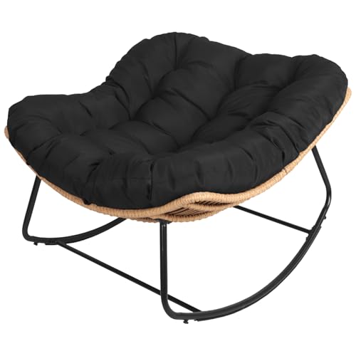 Happy Garden Fauteuil à Bascule Extérieur en Rotin Synthétique avec Coussin Noir - Résistant aux Intempéries - Confortable et Design - Cinta