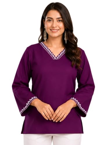 Image of Rayon Solid Straight Kurti Top for Women | V-Neck Ethnic Tunic | Neck and Sleeve Border | Stylish Casual Office Wear Short Kurti for Women